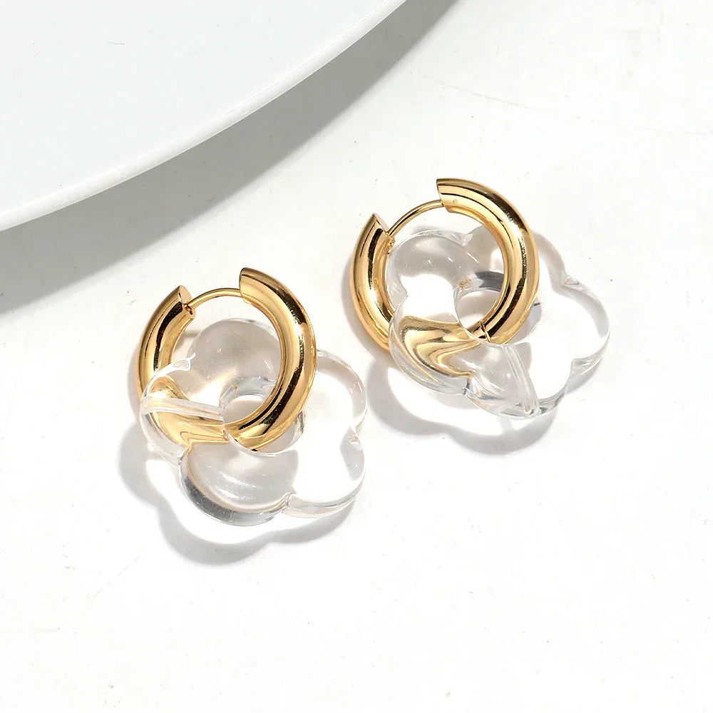 Colorful Flower Resin Acrylic Charms Earring Gold Color Circle Ear Buckle Hoop Earrings Fashion Jewelry for Women