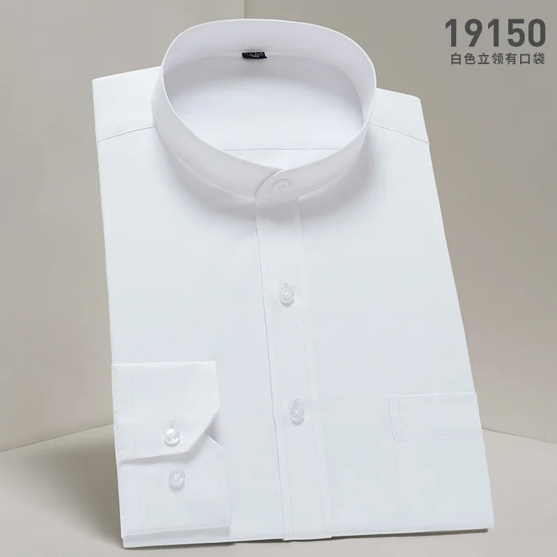Men's stand up collar shirt classic round neck slim fit vertical collar long sleeved white shirt