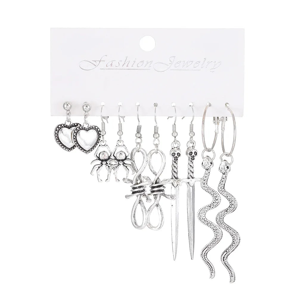 10PCS Set Personality Goth Black Butterfly Snake Heart Dangle Earring for Women Vintage Charm Hoop Earring Punk Jewelry Y2k Gift