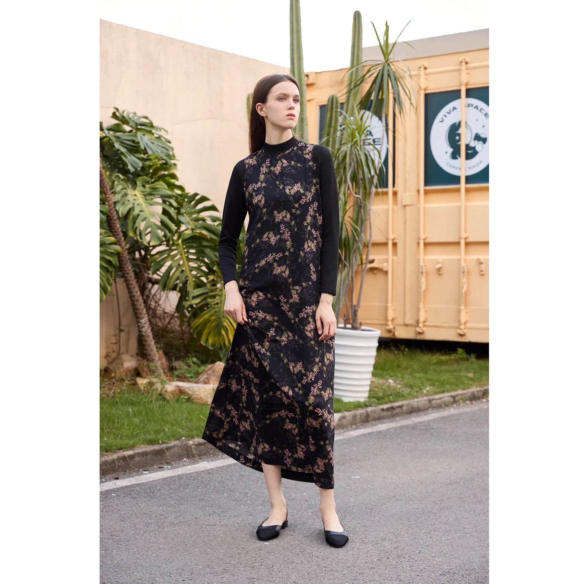 Women 2026 Autumn and Winter New Printing Satin Dress Knitting Cardigan Mock Neck Modal Shirt