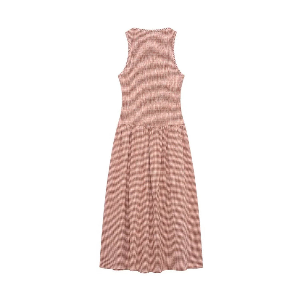 Dress for Women Fashion Summer New Plaid Fold Sleeveless O-neck Midi Vest Dresses French Chic Female Evening Clothing