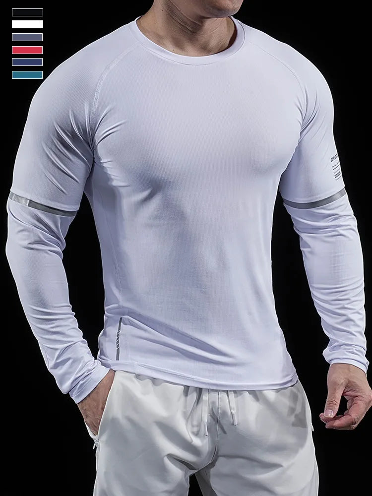 Autumn New Men's Sports Gym Fitness Clothes Reflective Strips Round Neck Training Long-sleeved T-shirt Running Slim Breathable