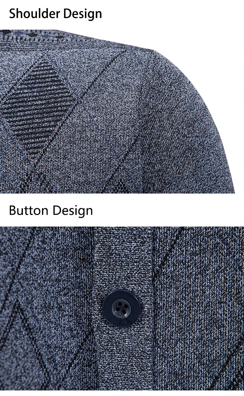 Men Plaid Cardigan V-neck Fleece Sweater Men's  Autumn Clothing Classic Cardigans Jacket Button Mens Knitting Outwear