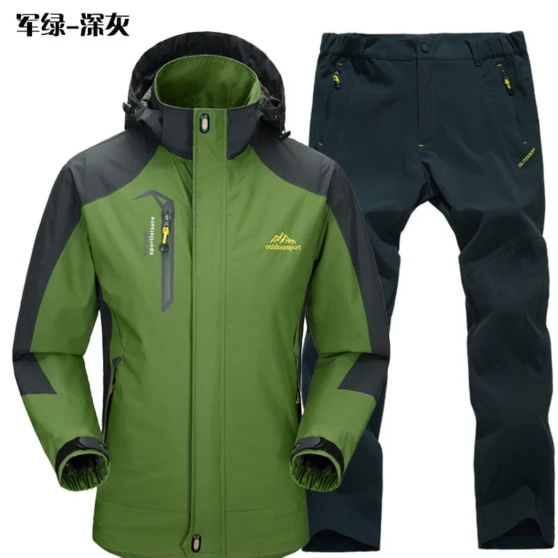 Outdoor Jacket Pants Sets Men Fleece Thermal Waterproof Windproof Hooded Jackets Hiking Military Trip Mountain Camping Clothes
