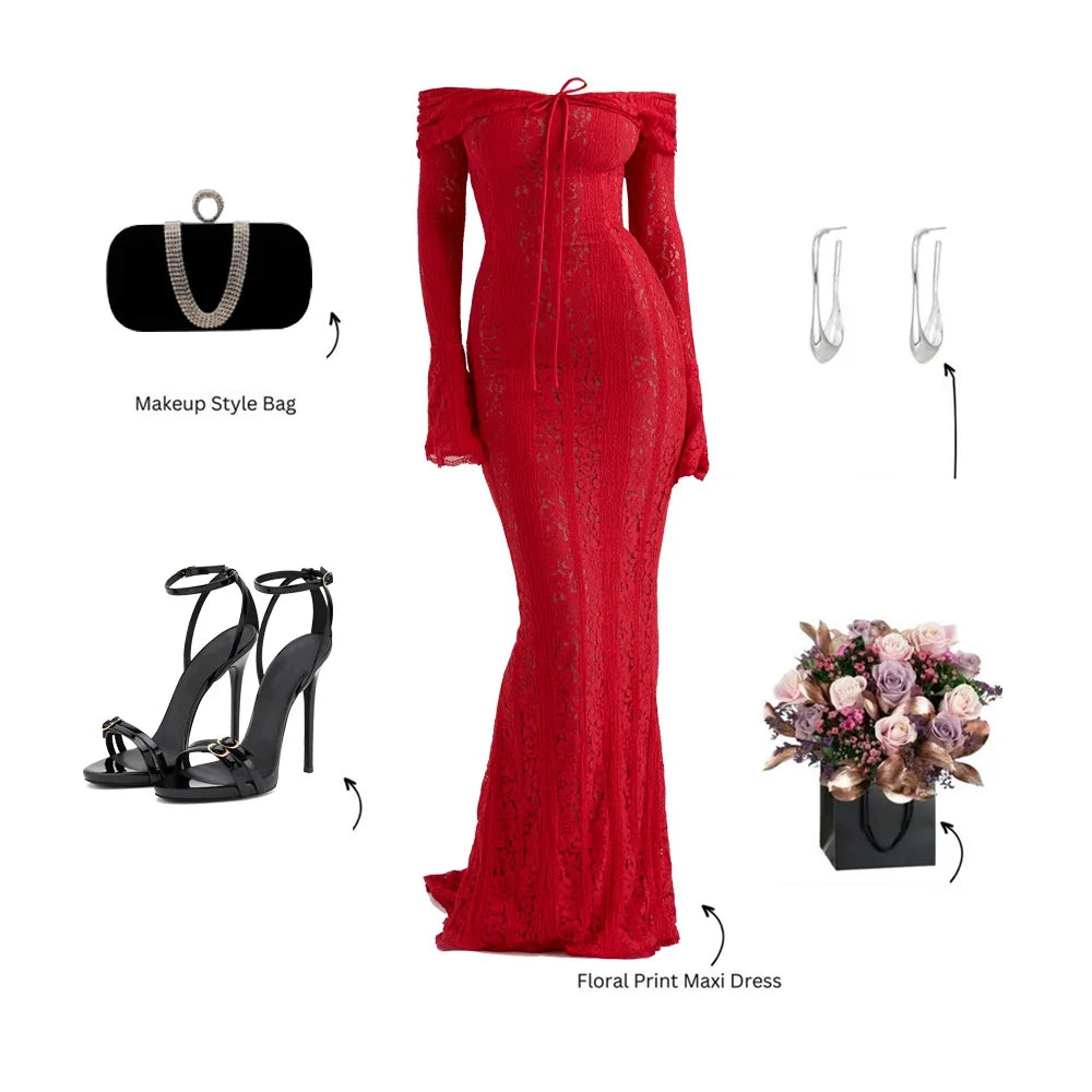 Autumn Off-Shoulder Maxi Dress Elegant Lace Flare Sleeves Red Evening Party Dress Women's New Arrival 2025 Cocktail Dress