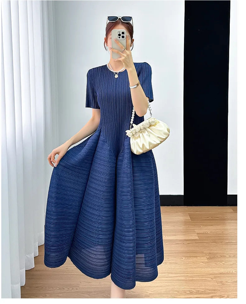 Y2k Pleated Women's Dress Bubble Short-sleeved Loose Slim Thin Medium-length Dresses for Women 2024 Summer New