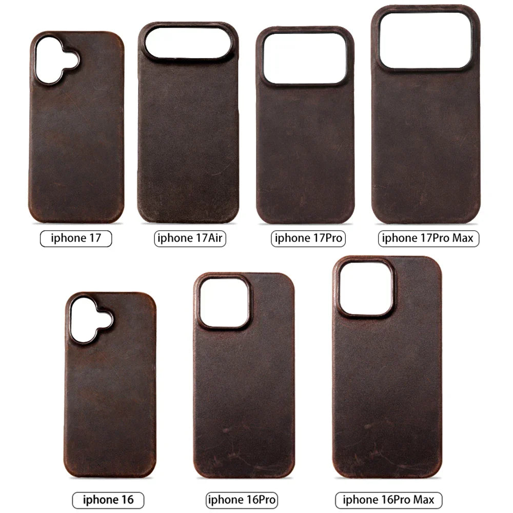 for Magsafe Case for iPhone 15 16 17 Pro Max Air Retro Luxury Full Grain Cowhide Genuine Oiled PULL-UP Leather Magnetic Cover