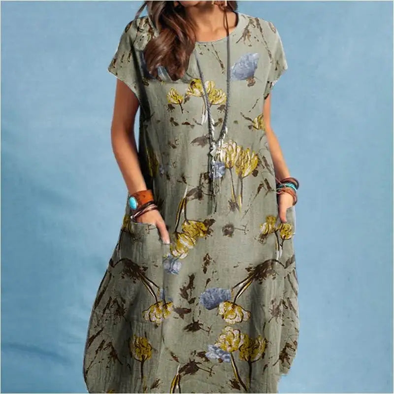 Women Summer Dress Bohemian Floral Print Vestido O-Neck Short Sleeve Pockets Sundress Fashion Casual Elegant Holiday Robe