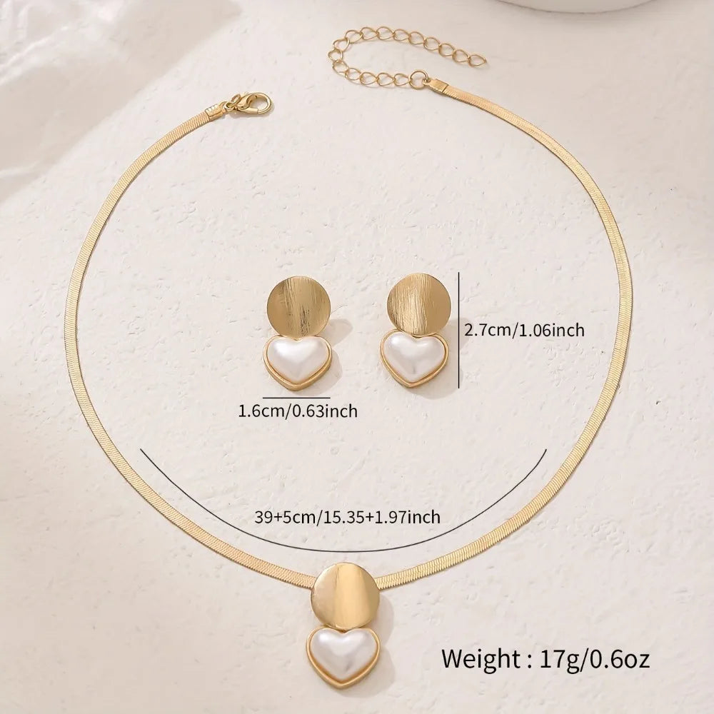 2pcs Set Minimalist Creative Gold Color Circular Heart-shaped Pendant Snake Bone Chain Necklace Earrings for Women Jewelry Sets