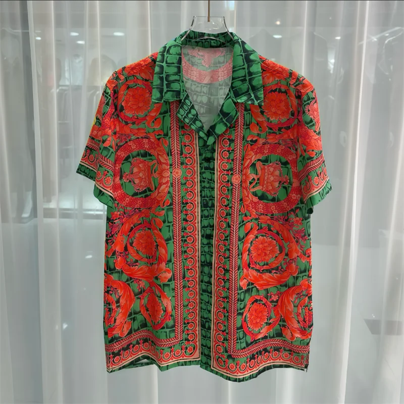 Luxury Royal Short sleeved Shirt for Men's Summer Casual Social Paisley Striped Side Flower Printed Shirt