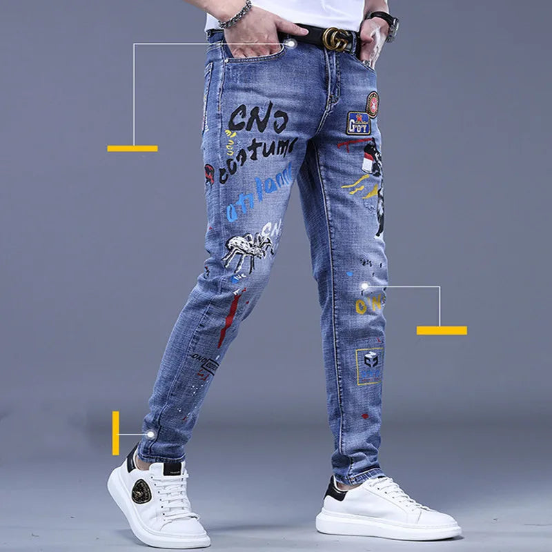 Printed Jeans Men's Korean Brand Embroidery Badge Cowboy Pencil Pants