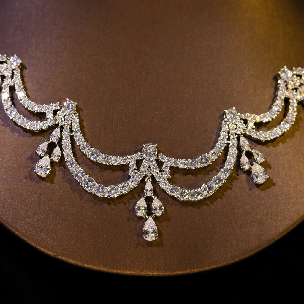 High Quality Two-layer Wavy Necklace Light Luxe Zircon Jewelry Set Bride Wedding Dress Accessories  Ornaments Girlfriend's Gift