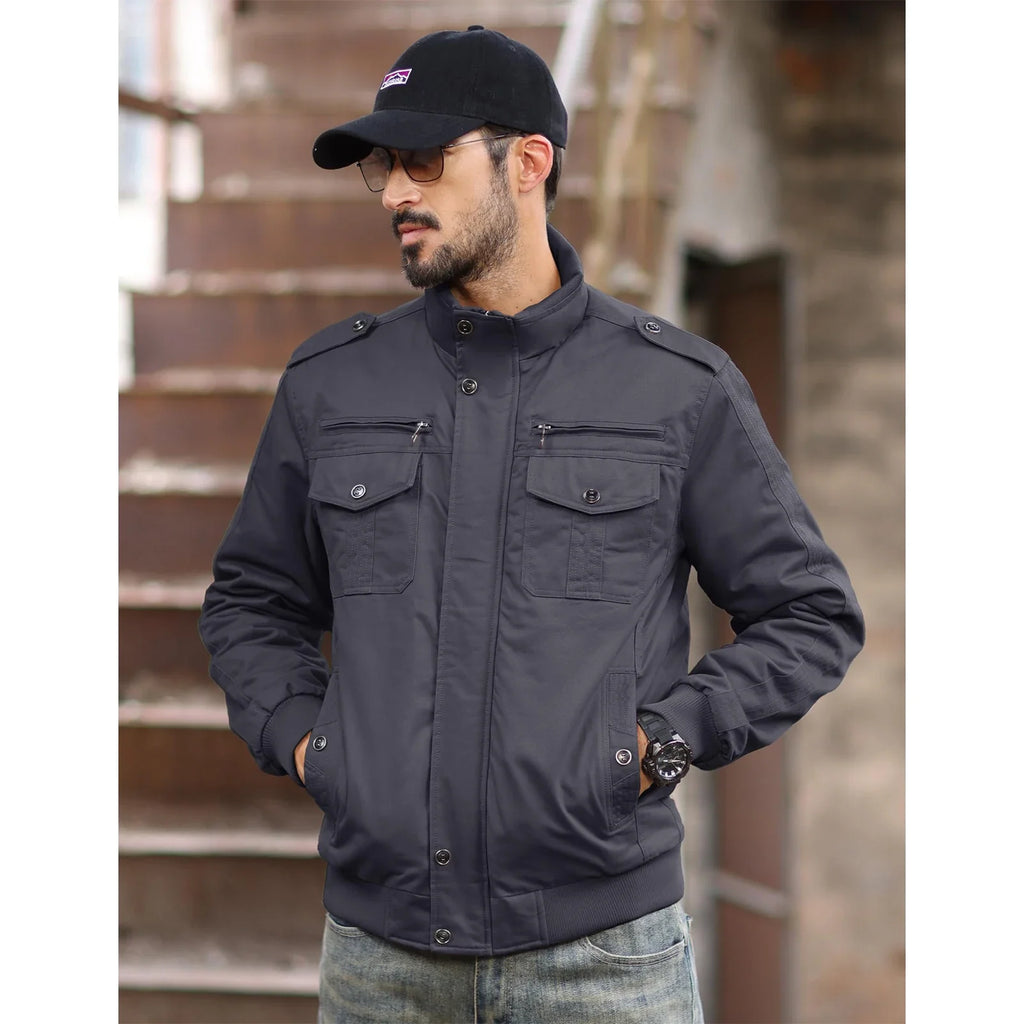 MAGCOMSEN Men's Fleece Jackets Windbreaker Coats Fall Winter Thermal Bomber Jackets Multi-pockets Stand Collar Motorcycle Jacket