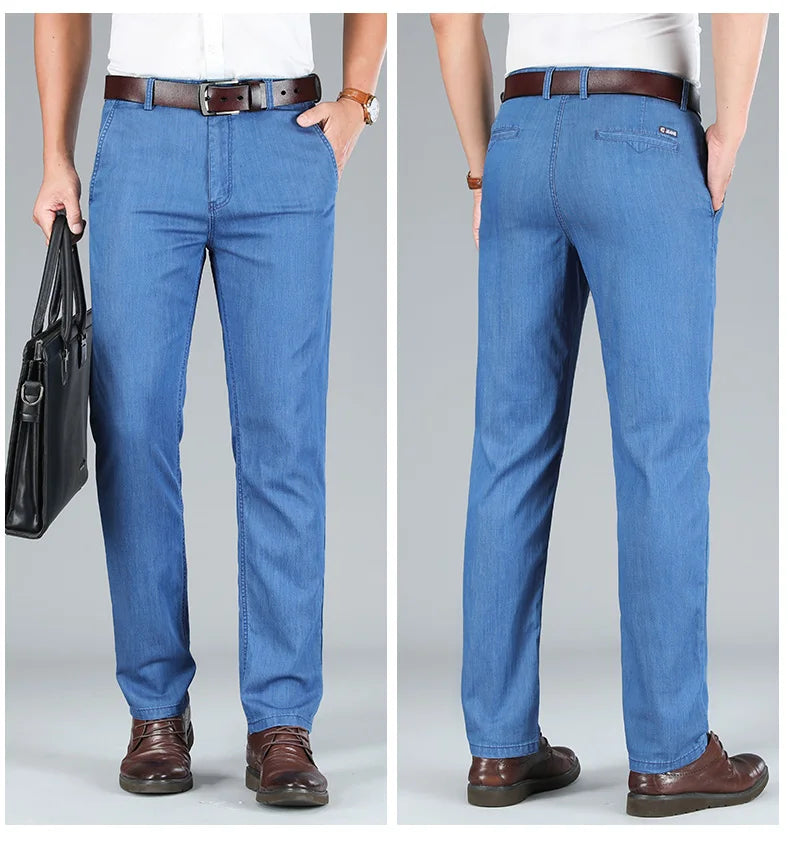 2026 Thin Stretch Denim Business Casual High Waist  High Lyocell  Men's Fit Straight Lightweight Cotton  Light Grey Jeans