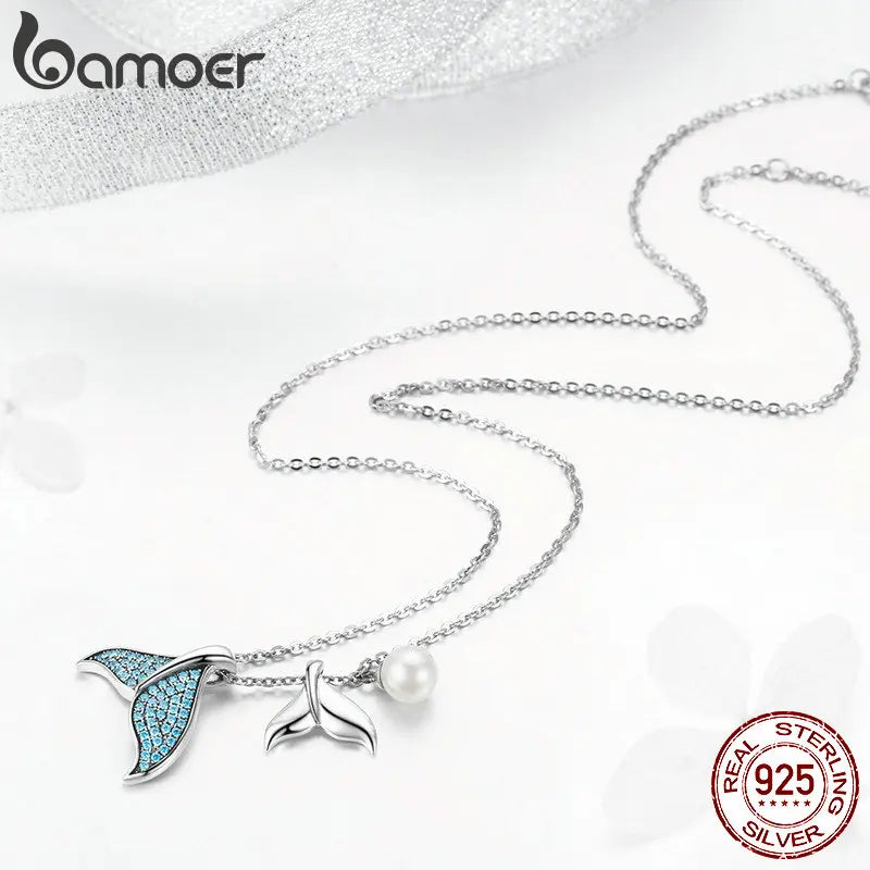 925 Sterling Silver Blue Mermaid Tail Pendant Necklace Quality Shell Pearl Bead Women Fine Jewelry Wedding Gift 17.32''
