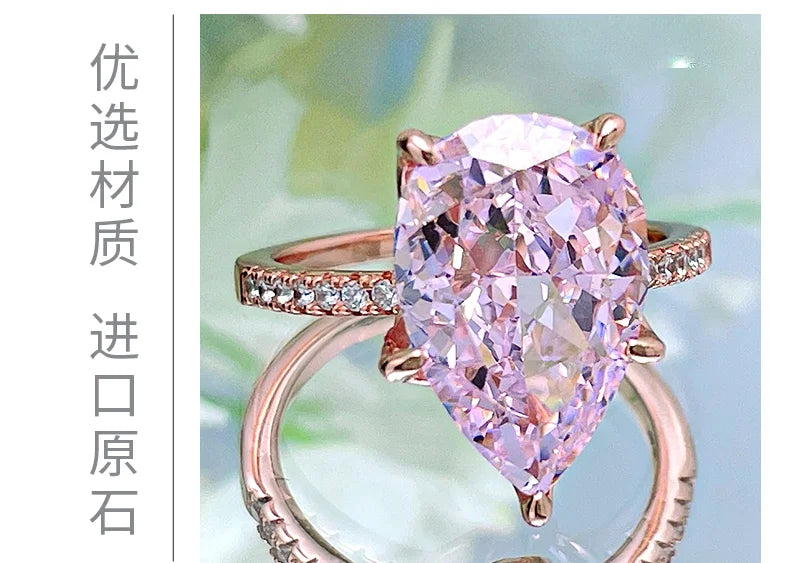 Fashionable, niche, high-end,versatile 925 sterling silver droplet pink diamond ring inlaid with high carbon diamond temperament