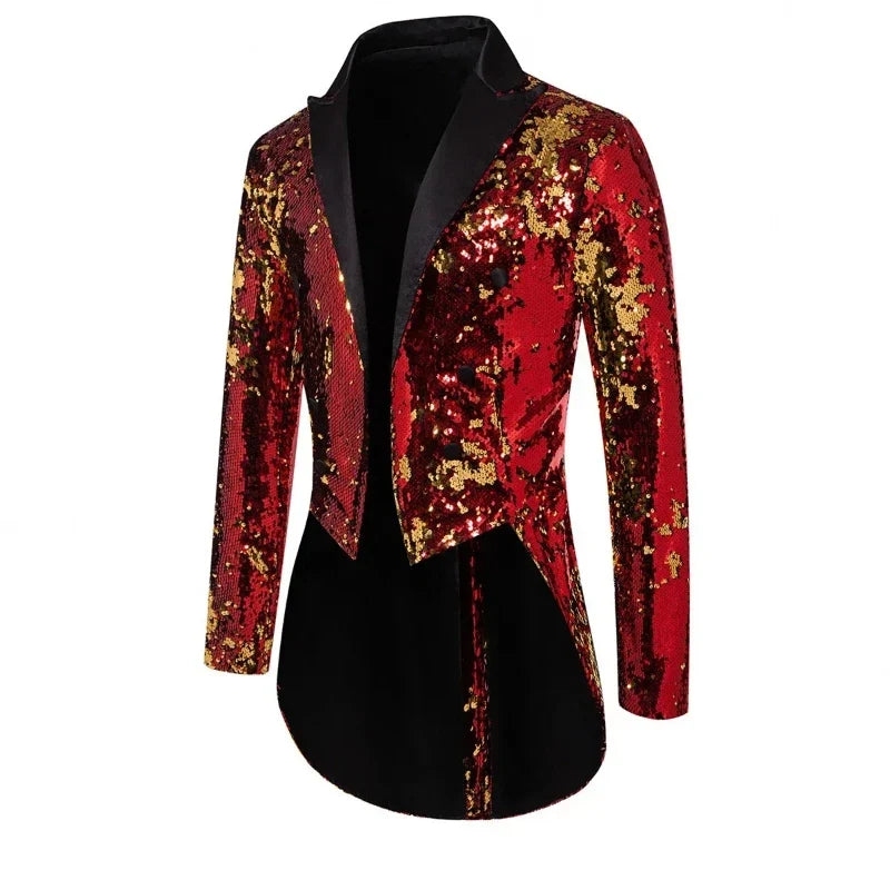 Red Men's Metallic Shiny Sequins Tuxedo, Performance,Party,Stage Performance Dress Coat,Fashion Long Cardigan Suit Jacket,S-XXL