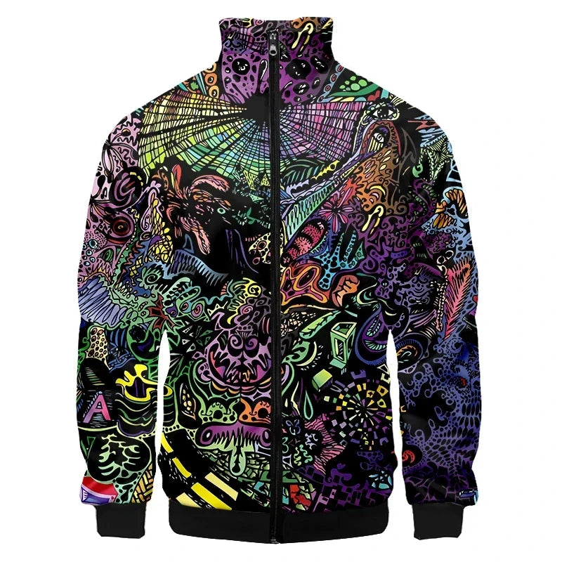 Colorful Monster Graffiti Art Men's Plus Size 3D Jacket Sportswear Spring Stand-up Collar Zipper Sweater Baseball Jacket Men's