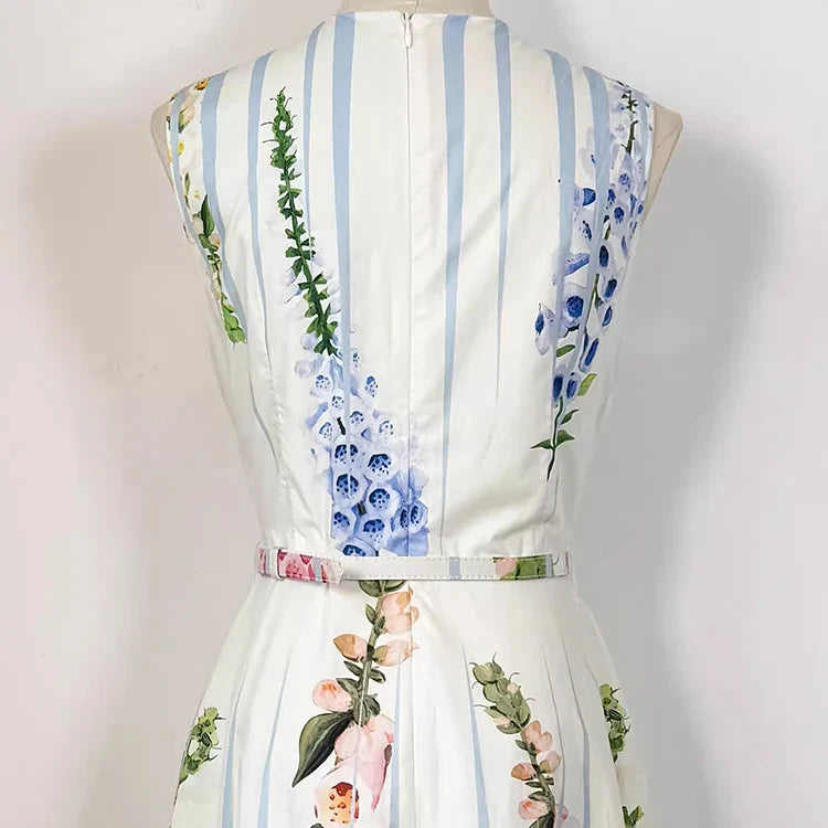 2026 Spring Women's New Fashionable Round Neck Sleeveless Printed Cotton Belt Waist cinching Dress ﻿