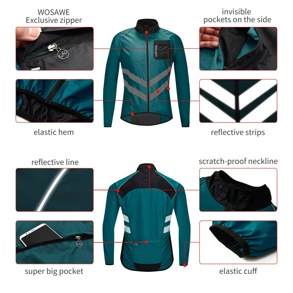 Windproof Cycling Jacket MTB Bike Jersey Outdoor Sport Cycling Windbreaker Rainproof Reflective Bike Clothing Navy Blue