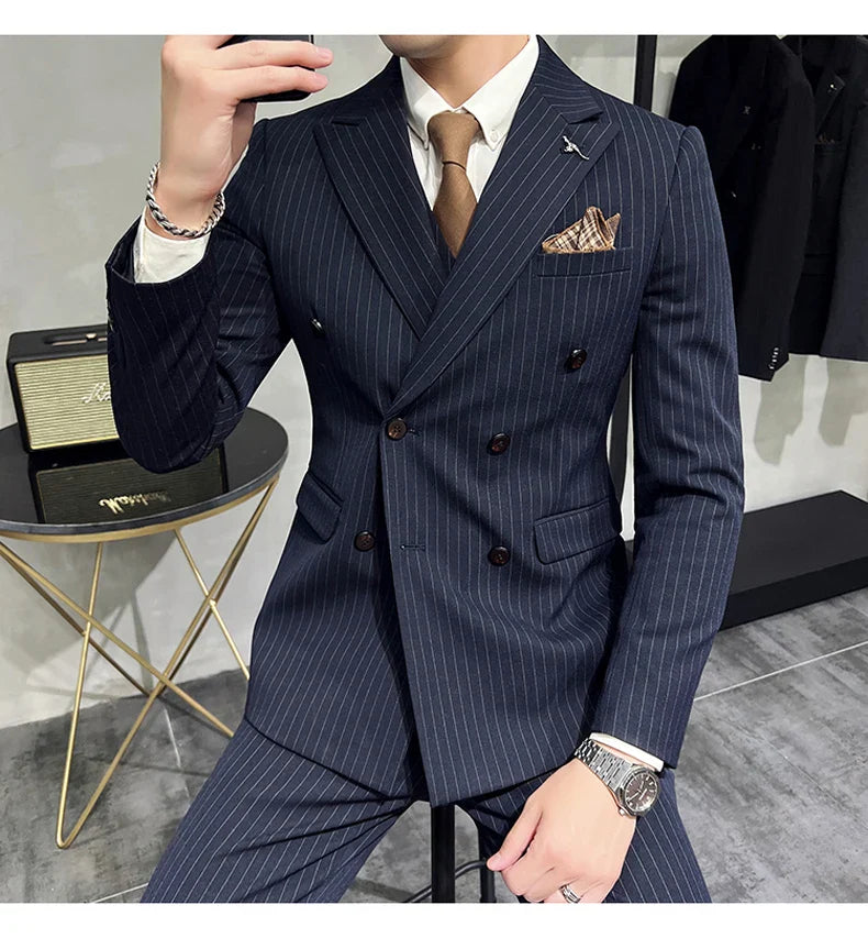 ( Blazer+Vest+Pants ) Groom Wedding Male Suit Luxury Brand Fashion Striped Men's Casual Business Office Double Breasted Suit