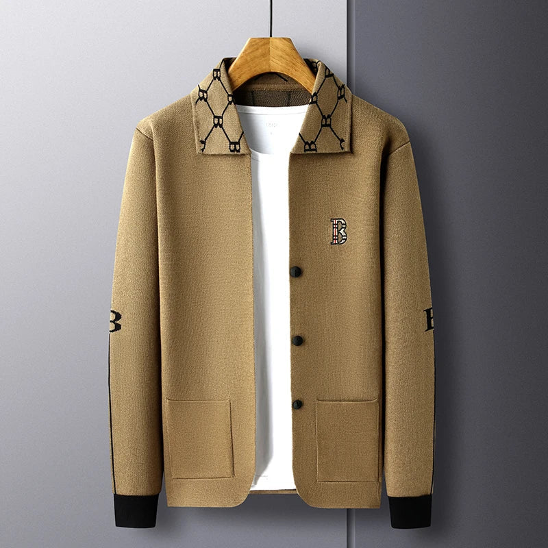 Luxury Brand Men's Autumn Winter Lapel Embroidered Sweater Coat Fashionable Business Three-dimensional Pocket Warm Knitted Jacke