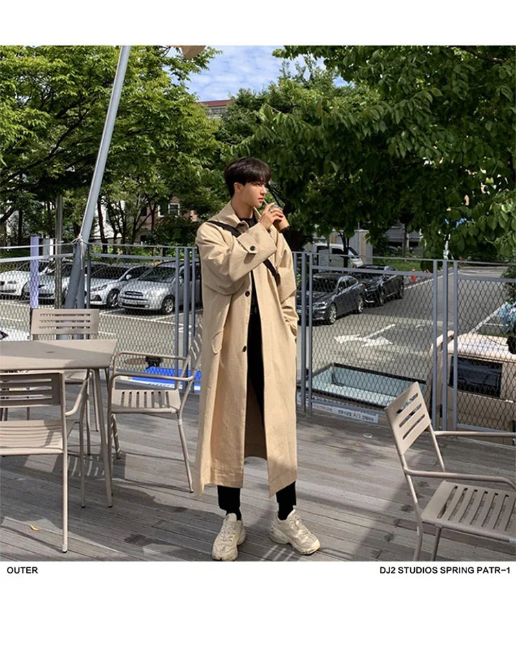 Spring Autumn Long Oversized Black Khaki Trench Coat Men Raglan Sleeve Single Breasted Loose Casual Korean Fashion