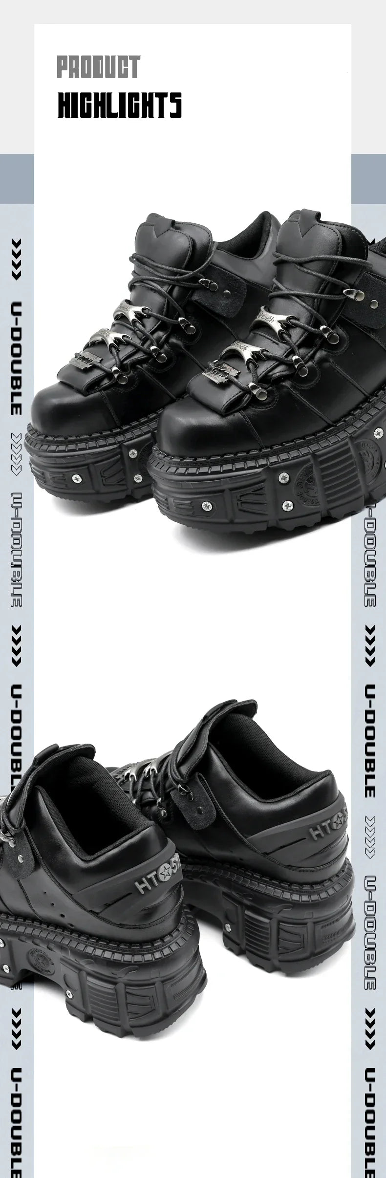 2026 New Punk Style Women Shoes Lace-up Heel Height 6CM Platform Shoes Woman Gothic Ankle Rock Boots Metal Decor Woman Sneakers