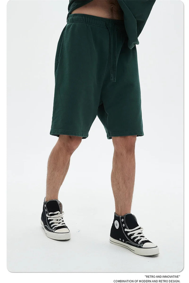 Fashion Summer Men 420gsm Washed Cotton Shorts Retro Unisex High Street Terry Knee Length Short Pants Streetwears HY0845