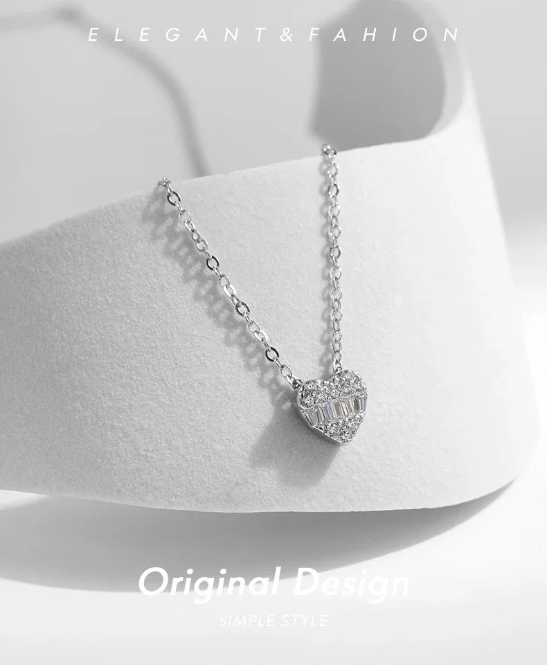 925 Sterling Silver Pave Setting Hearts Sparkling Zirconia Necklace Pendant Classic Romantic Wedding Jewelry For Women