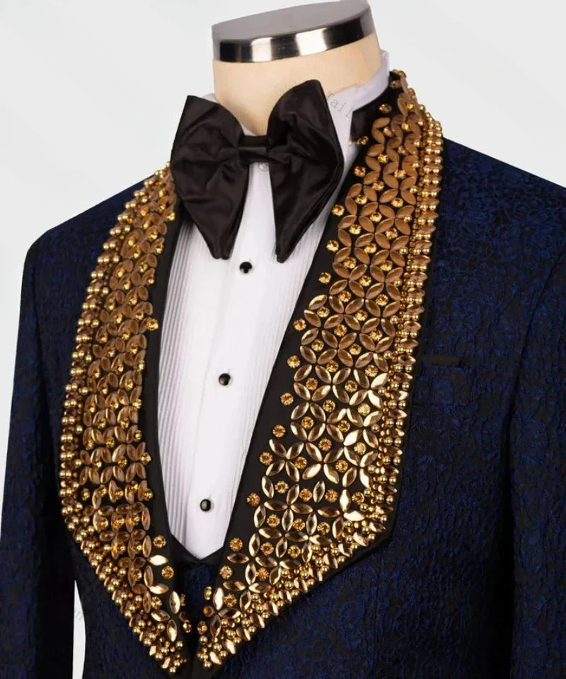 Jacquard Crystals Men Suit Set 2 Pieces Blazer+Pant Formal Office Male Jacket Prom Cotton Coat Trousers Groom Wedding Tuxedos