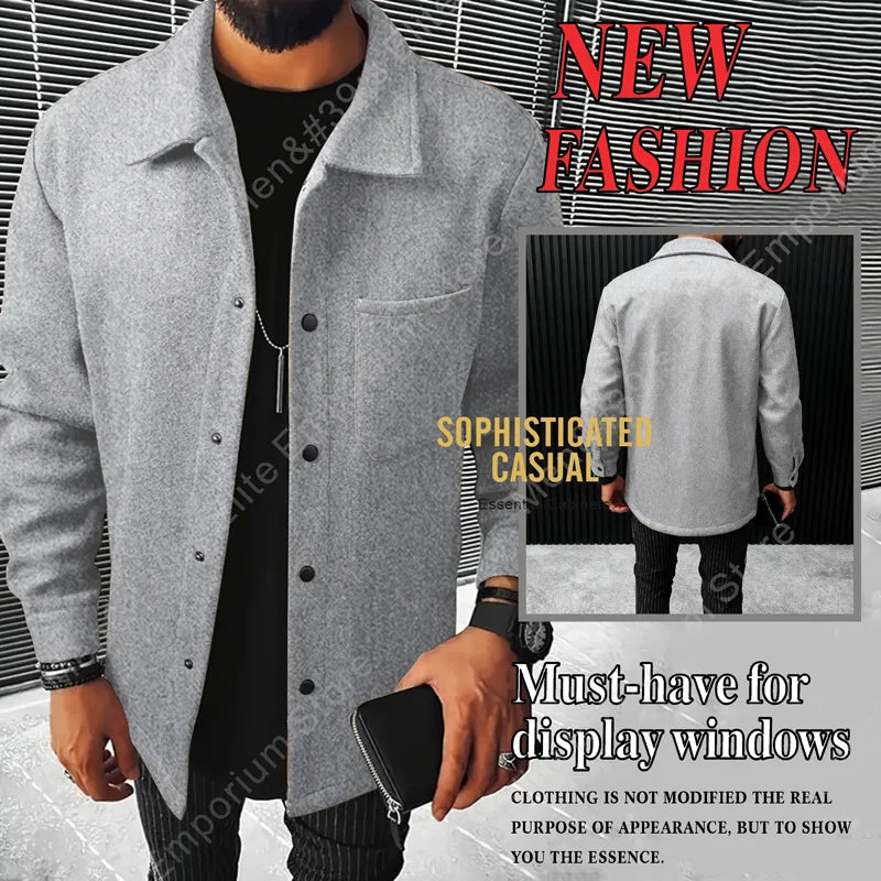 Men's Polyester Brushed Jacket, Lapel Button/Zipper Coat with Pocket, Comfortable Casual Autumn Winter Office Business Wear