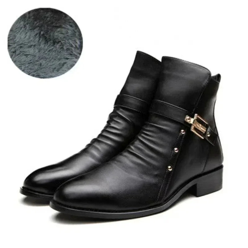 Chelsea Boots Men's High Top Leather Shoes Men Zipper Boot Pointed Ankle Boots Men's Motorcycle Boots Buckle Strap Winter Botas