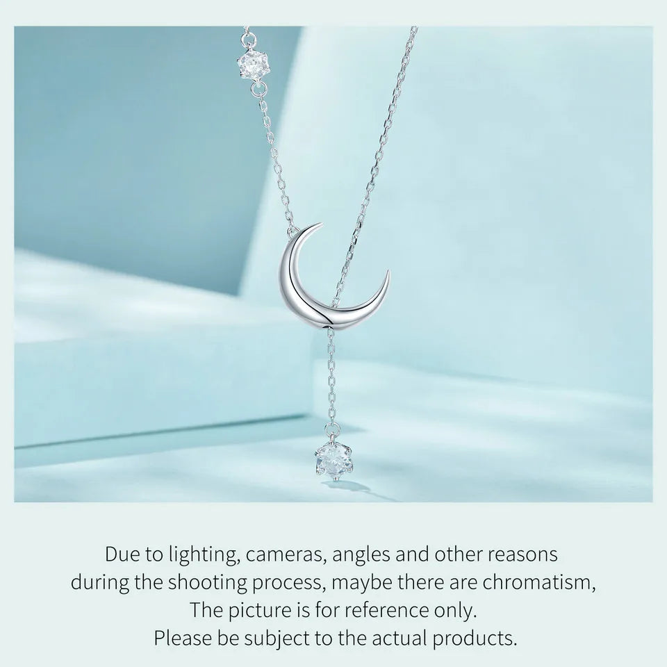 925 Sterling Silver Y-Shape Moon Pendant Necklace Water-drop Zircon Neck Chain for Women Anniversary Gift Fine Jewelry