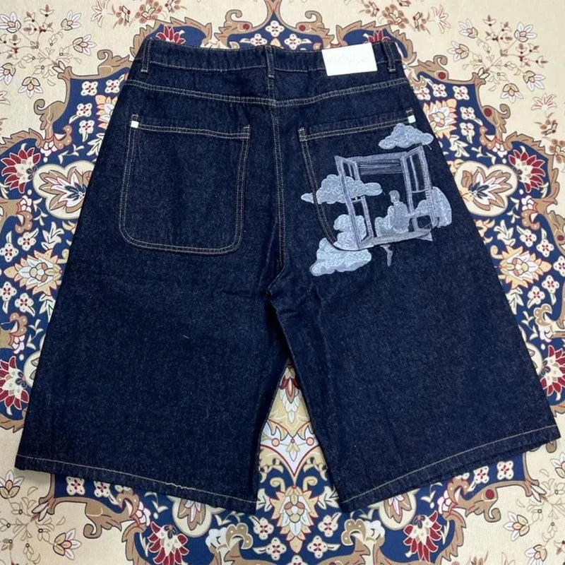 Vintage Window Embroidery Denim Shorts Men Women Y2K Streetwear Baggy Wide Leg Knee Length Dark Blue Casual Jean Shorts