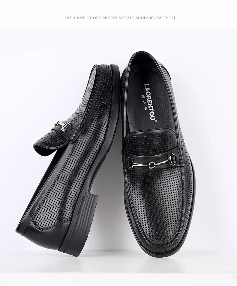 LAORENTOU men's bean shoes, genuine leather hollow out breathable business casual dad leather sandals, soft soled loafers10790DW