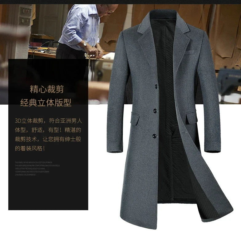 Men's High-Quality Autumn Winter Wool Coat Long Fashion Trench Coat Over-the-Knee Thick Cotton M-4XL