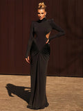 Sisterlinda Shirring Sheath Maxi Dresses High Street Classic Full Sleeve Straight Shoulder Backless Vestidos Mujer Evening Wear