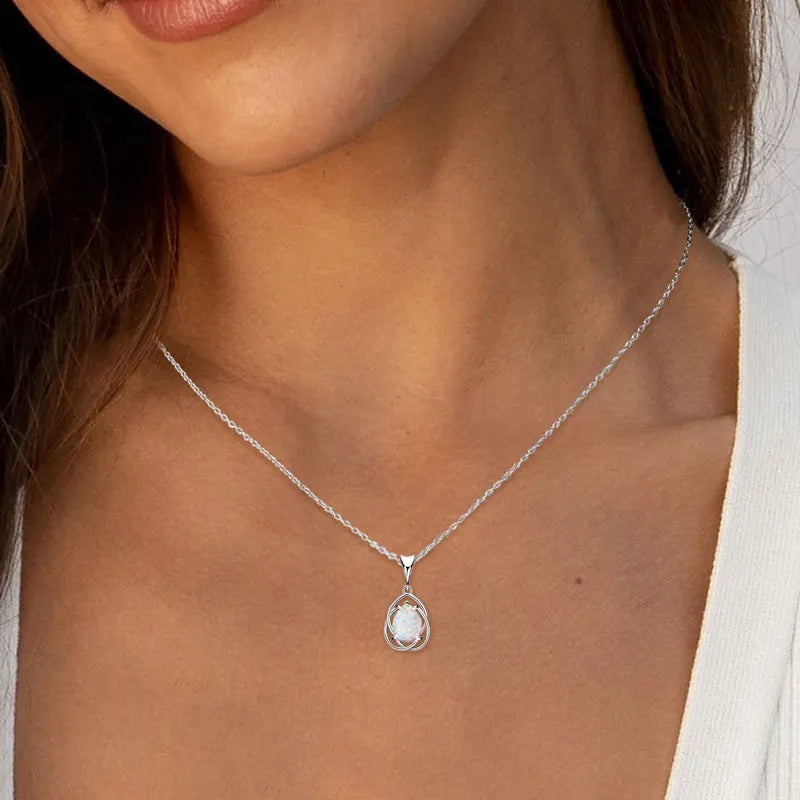 925 Sterling Silver Hollow Pendant Necklace 7*10mm Pear Shape Cut Synthetic Opal Drop Necklaces For Women Wedding Jewelry