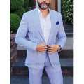 Summer Seersucker 2 Pieces Men Suits Notched Lapel Blazer Blue Striped Wedding Suit Set Jacket Pants Casual Slim Fit Men Suits