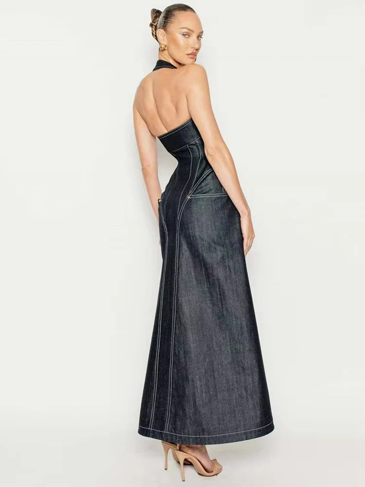 2025 New Women Celebrity Sexy Backless Halter Blue Zipper Denim Maxi Long Gowns Dress Elegant Evening Party Club Vestido