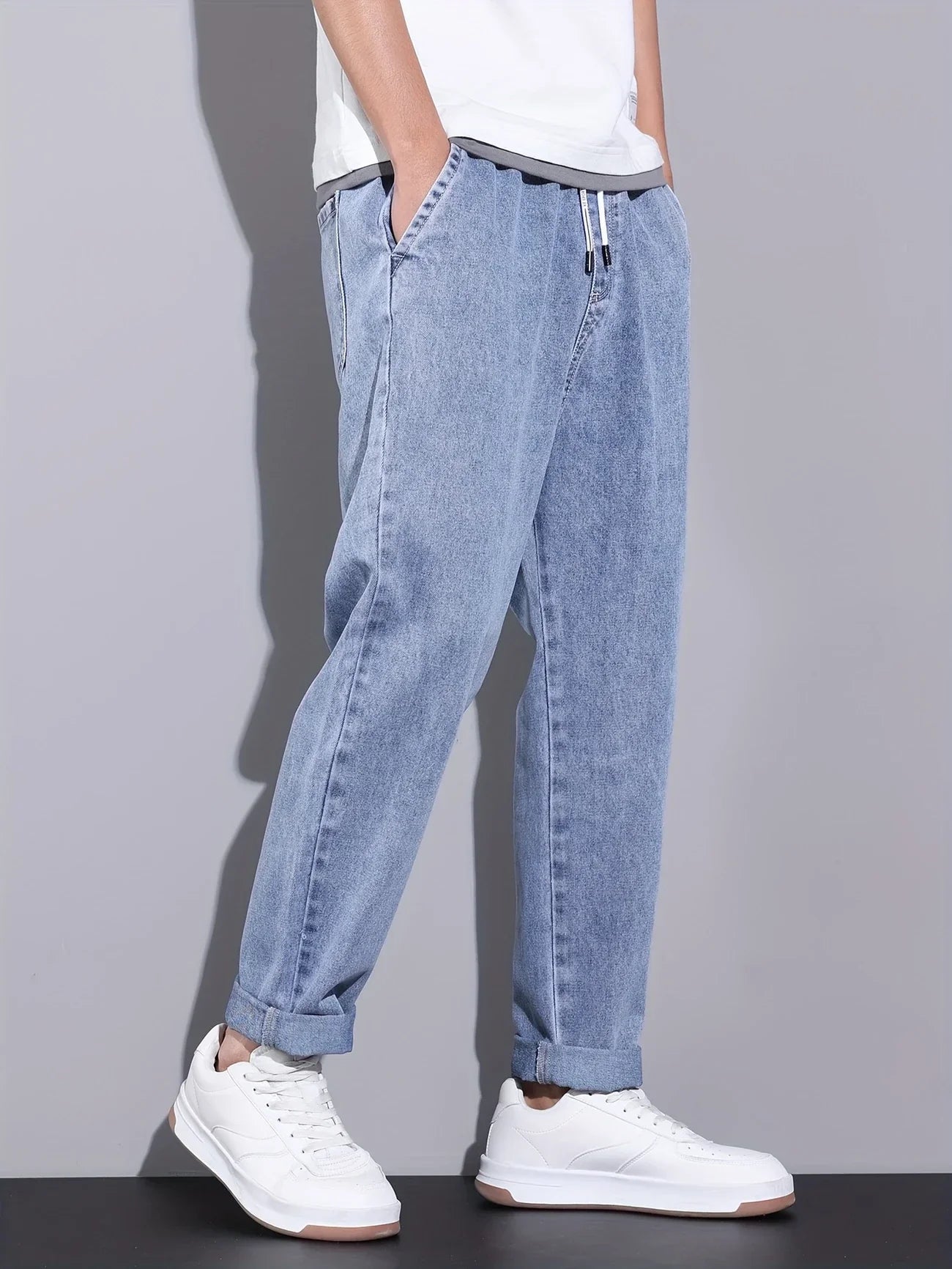 Men's Straight-Leg Jeans with Adjustable Drawstring Waist, Made of Breathable and Soft Fabric, Loose Casual Style.