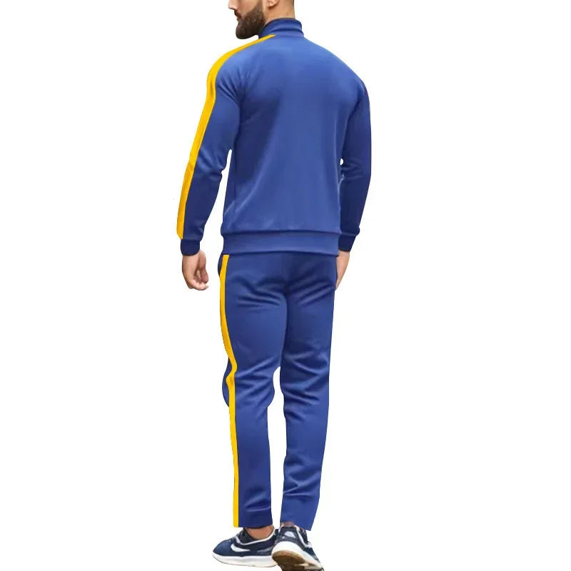 2025 Spring Autumn Men's 2-Piece Set Color Blocking Zipper Stand Collar Casual Sports Jacket Sweatshirt Trousers Suit