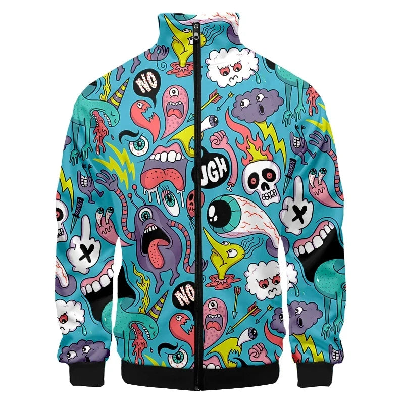 Colorful Monster Graffiti Art Men's Plus Size 3D Jacket Sportswear Spring Stand-up Collar Zipper Sweater Baseball Jacket Men's