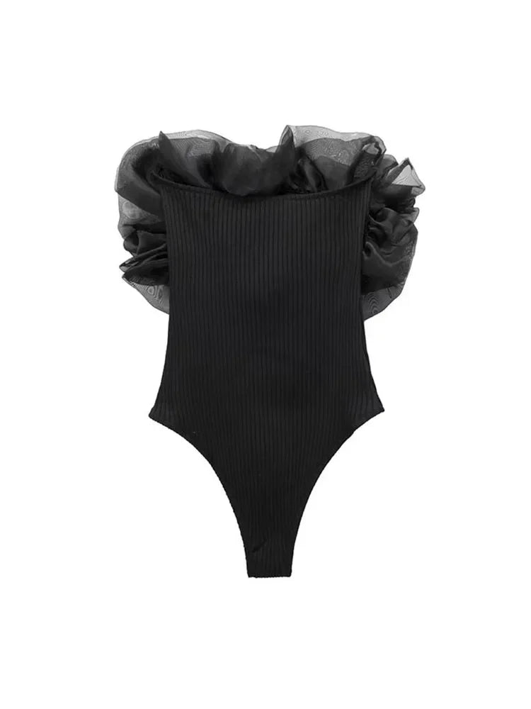Willshela Women Fashion Ribbed Bodysuit With Organza Ruffle Vintage High Elastic Sexy y2k Female Chic Lady Tops body femme