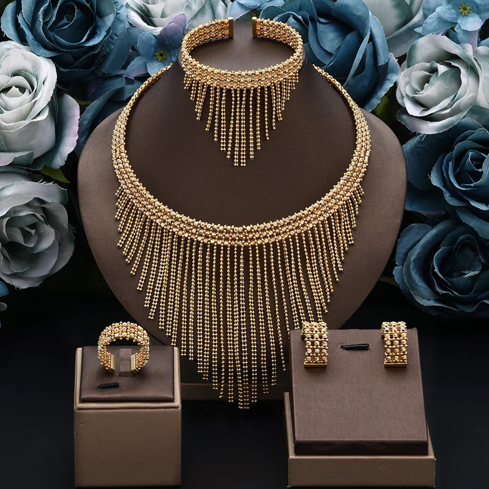 Luxury Wedding Jewelry Set Dubai Nigeria Bridal Jewelry Sets For Women Party Gold Plated Copper Tassel Beads Necklace