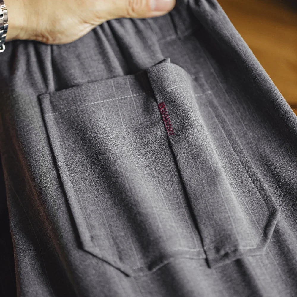 Men's Vintage Vertical Striped Suit Shorts Men's Summer Elastic Waist Straight Leg Office Shorts Business Casual Pants