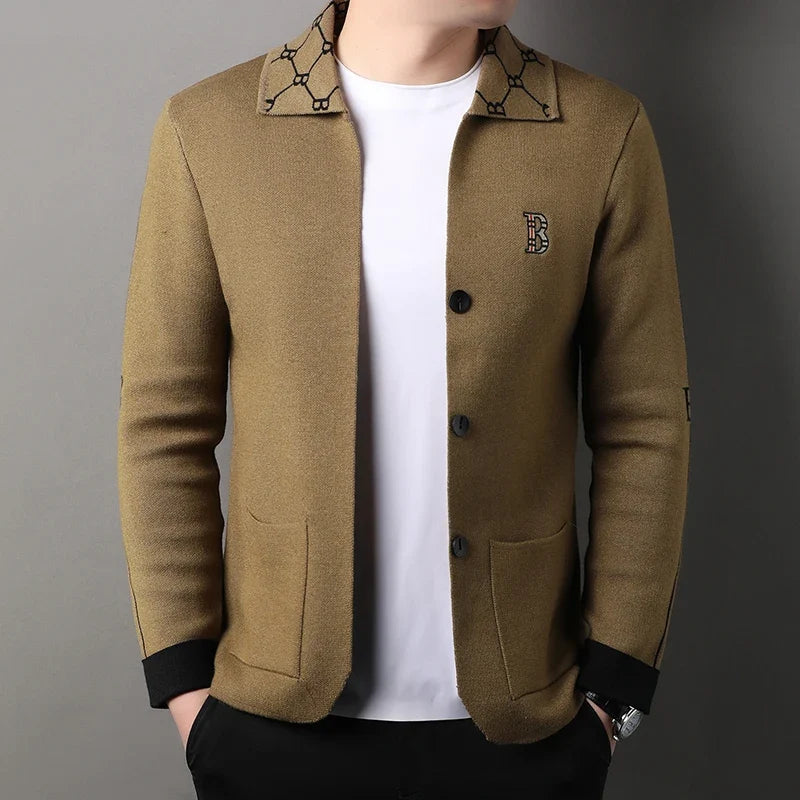 Luxury Brand Men's Autumn Winter Lapel Embroidered Sweater Coat Fashionable Business Three-dimensional Pocket Warm Knitted Jacke