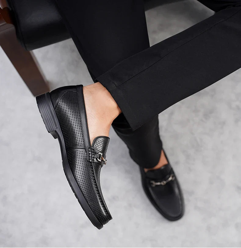 LAORENTOU men's bean shoes, genuine leather hollow out breathable business casual dad leather sandals, soft soled loafers10790DW