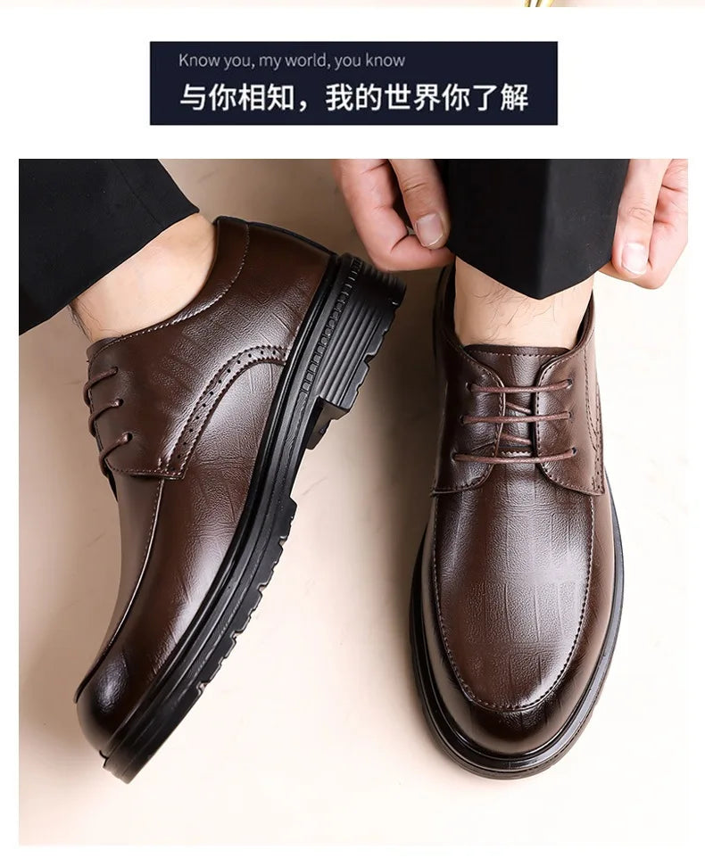 Men's Lace-up Business Casual Leather Shoes Spring Autumn New Platform Work Shoes Male Fashion Solid Color Dress Shoe Man